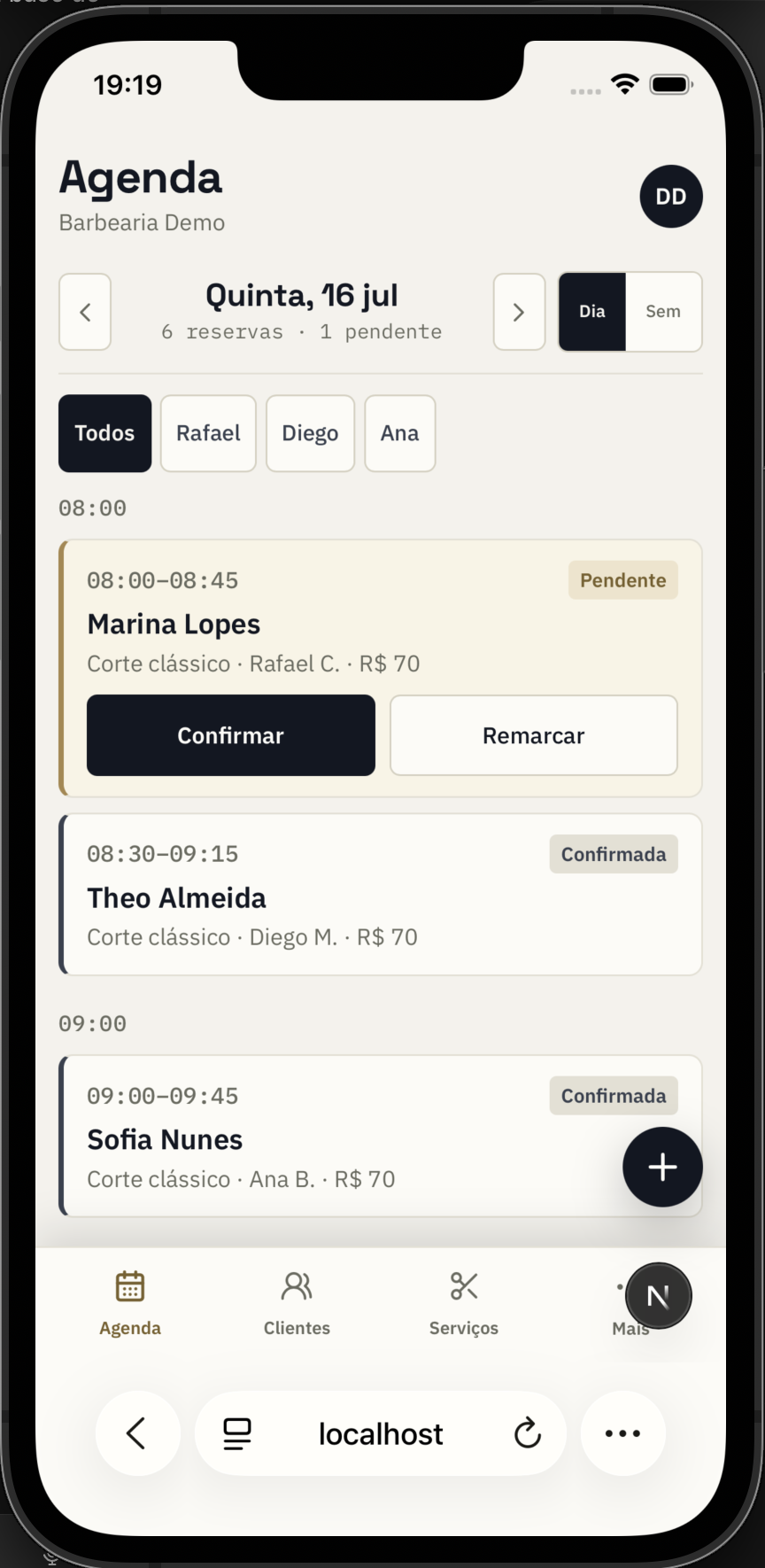 Agenda mobile do Horine no simulador